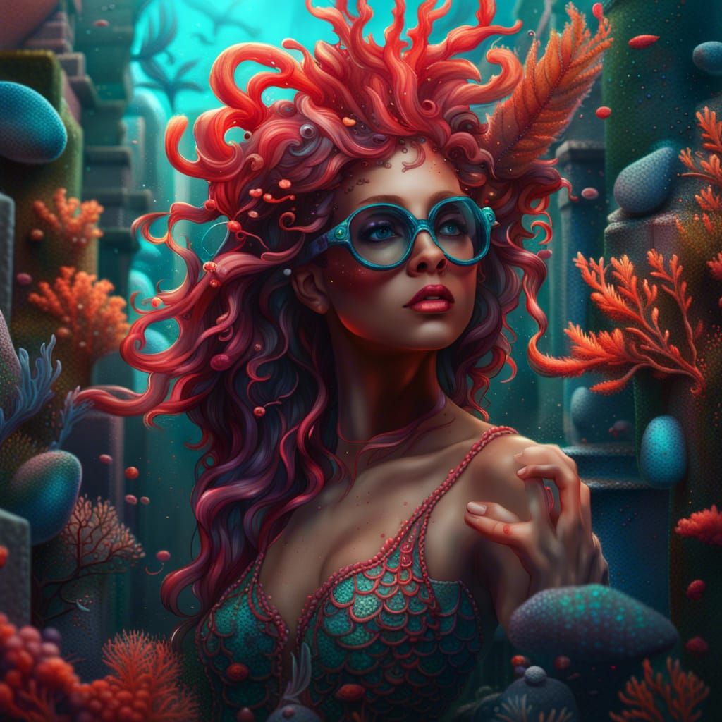 Mermaid with Coral Glasses in Detailed Digital Painting