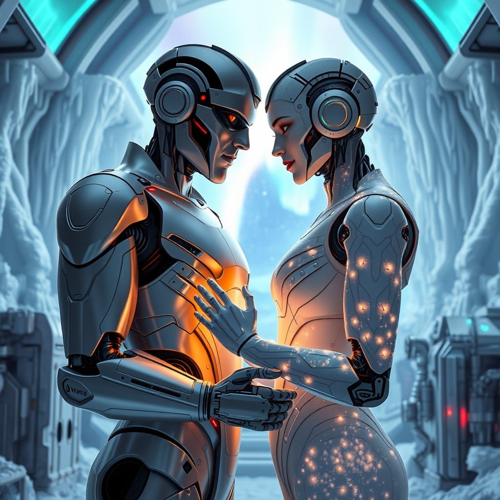 Futuristic Robot Couple in High-Tech Forge
