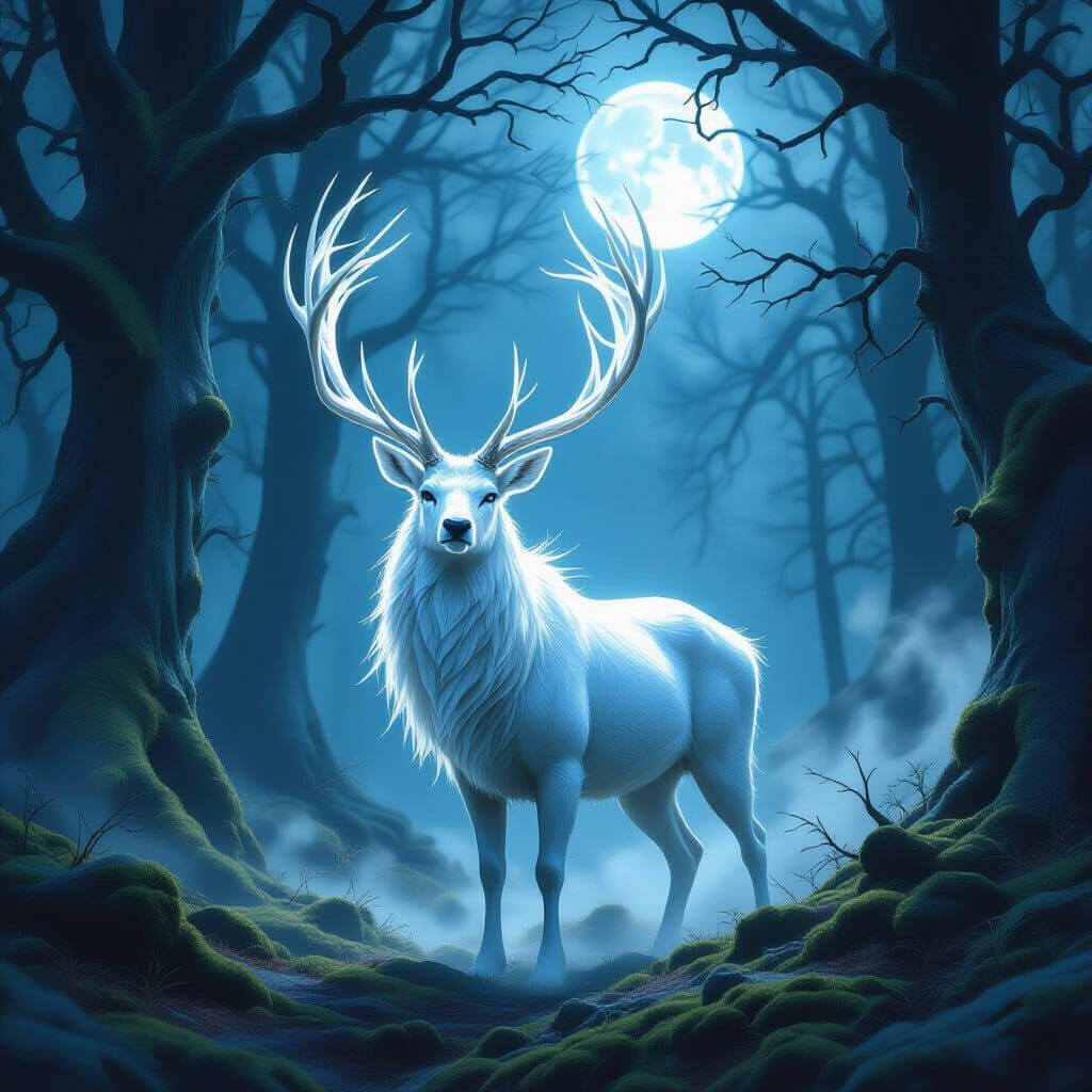 Majestic White Stag in Ethereal Moonlight Forest