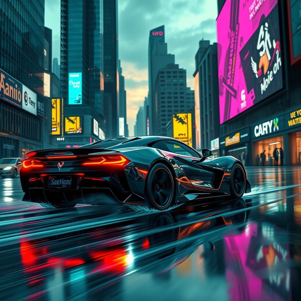Neon Cyberpunk Sports Car Speeds Through Dystopian Cityscape