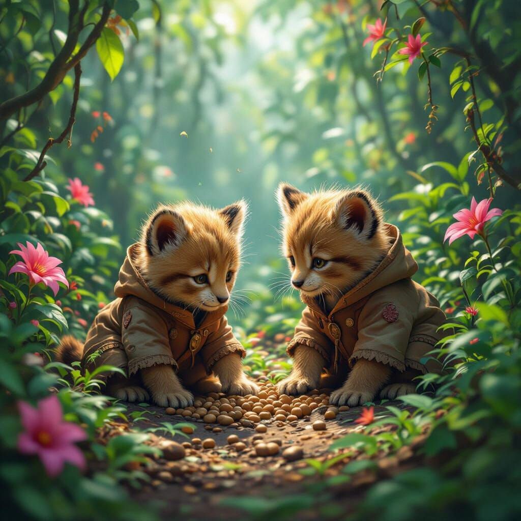 Anime Cubs Scouring for Food in Jungle