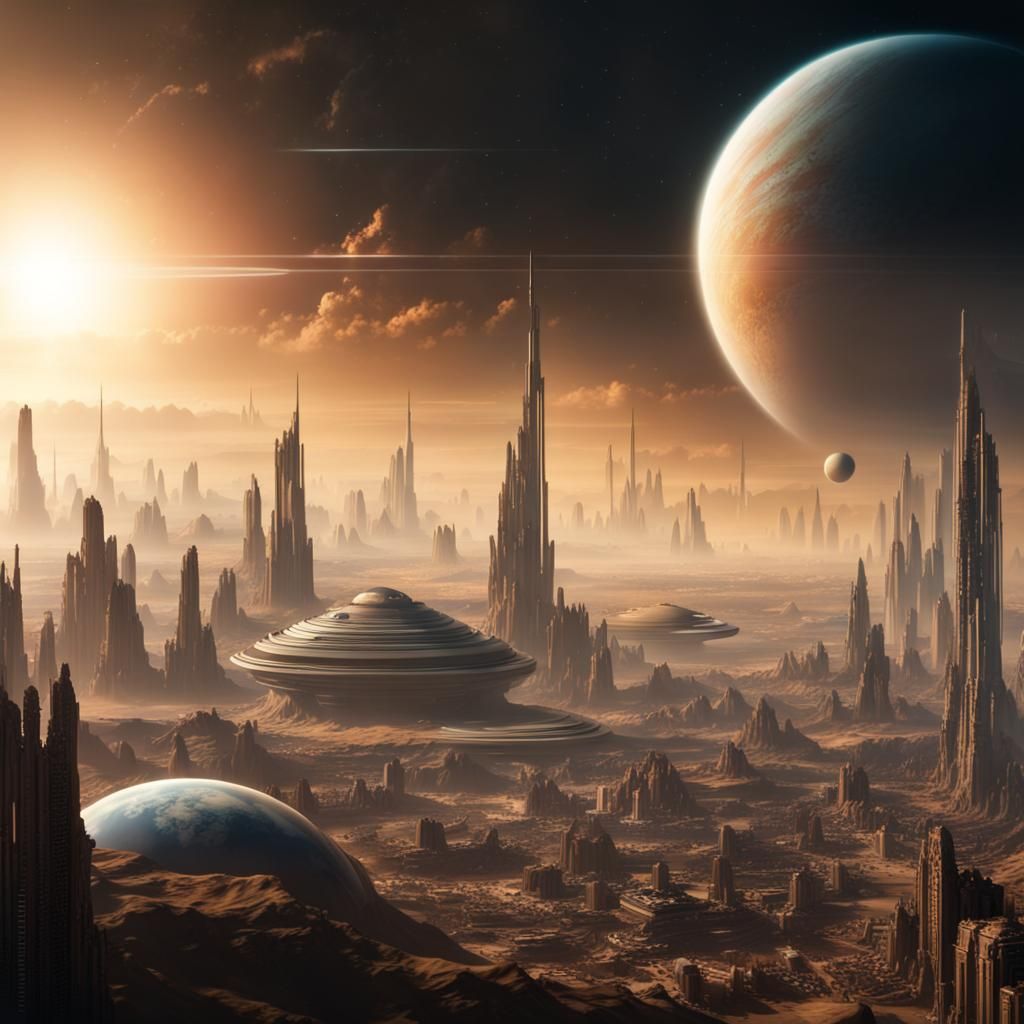 Titan Colony Skyline with Saturn, Digital Matte Painting