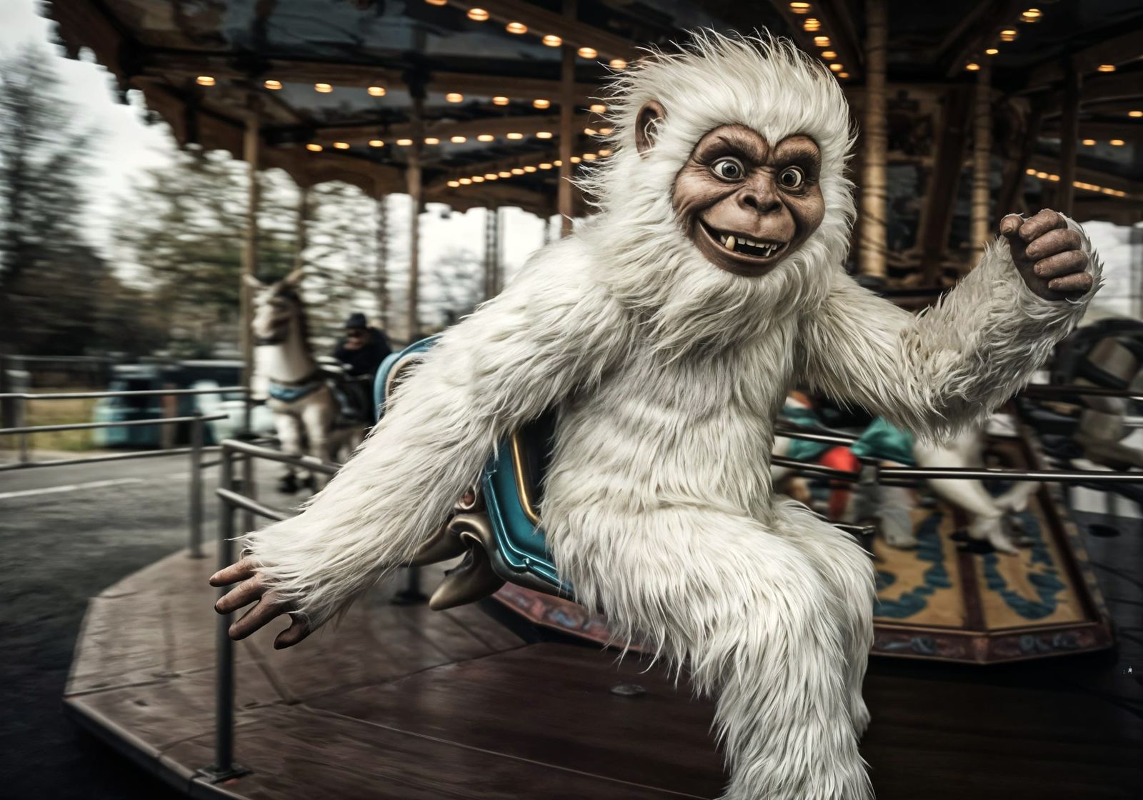 Realistic Yeti Rides Carousel in Surreal Horror Style