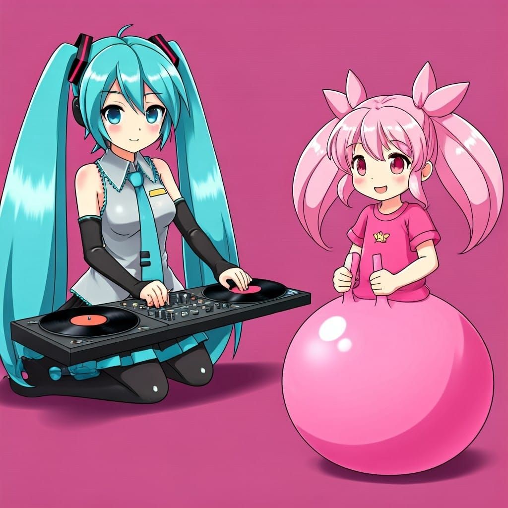 Vibrant Scene of Hatsune Miku and Chibiusa in a Futuristic S...