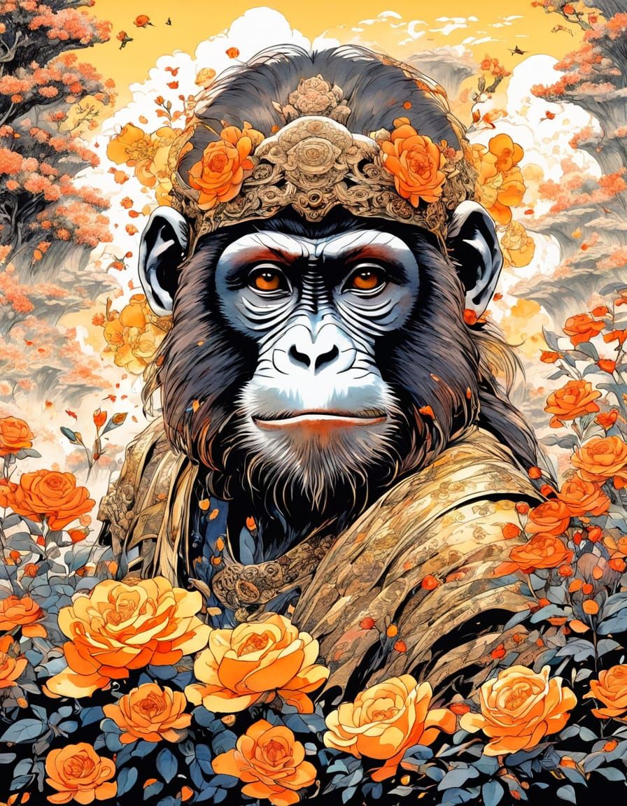 Surreal Asian Monkey Enjoys Vibrant Spring Landscape in Chia...