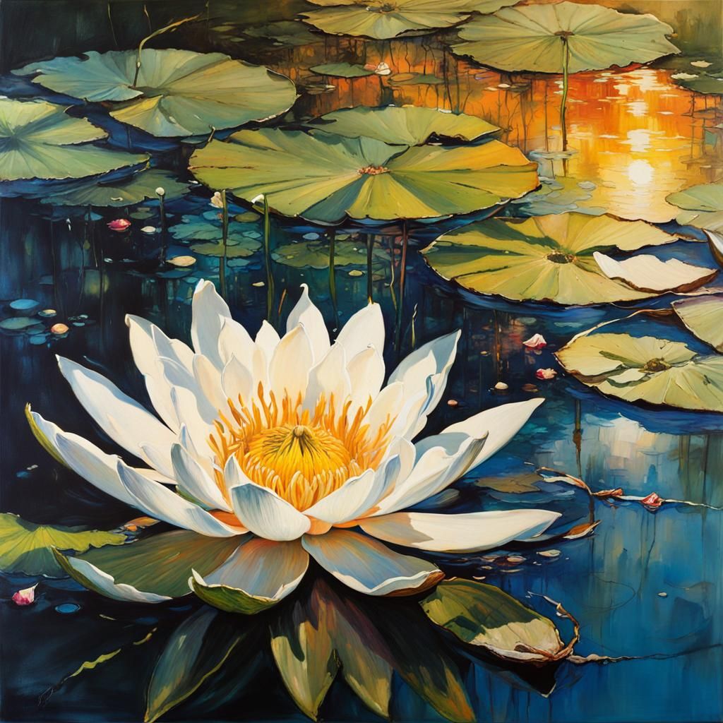 White Waterlily at Sunset: A Modernist Painting