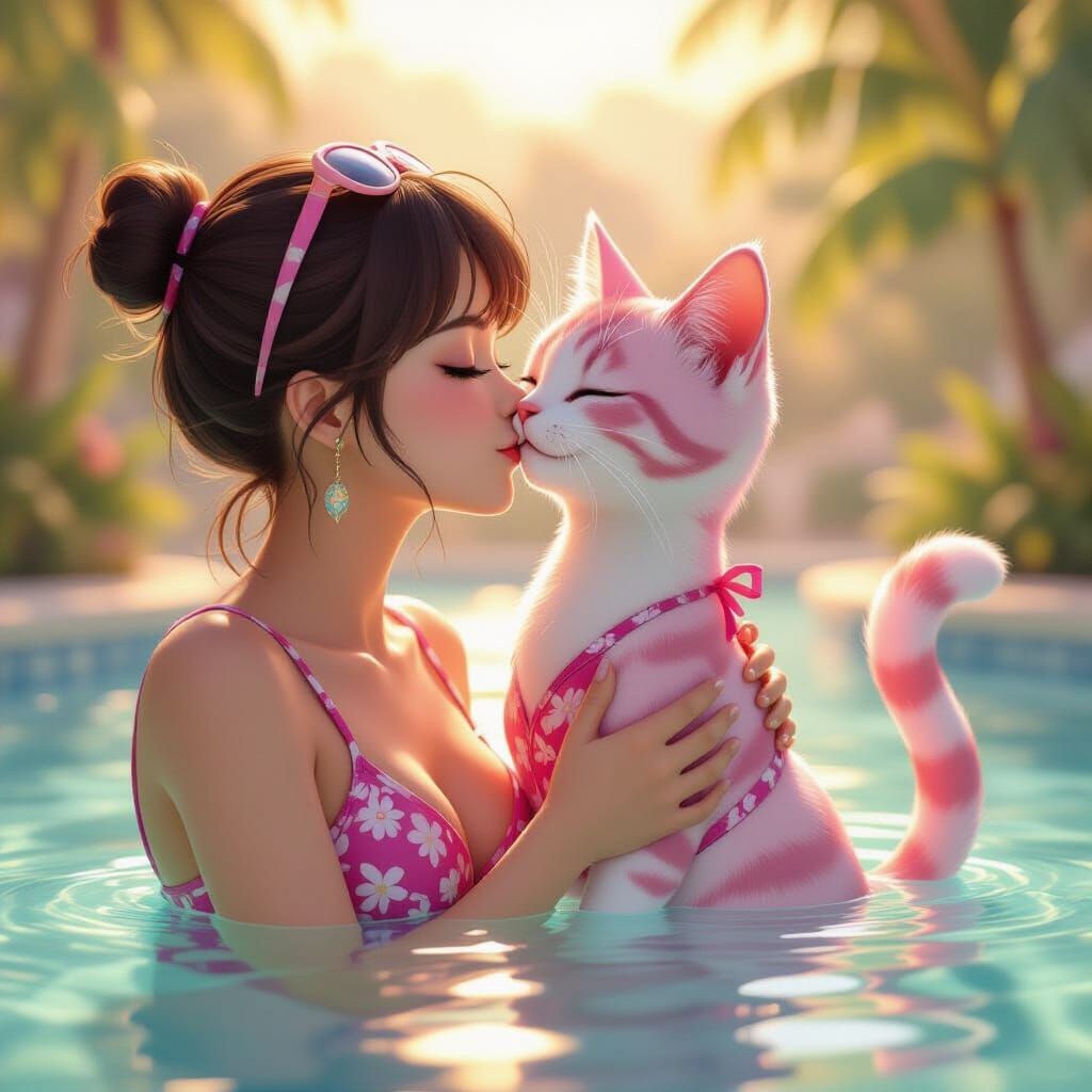 Anime Cat-Girl Kissing Tom in Sunny Setting