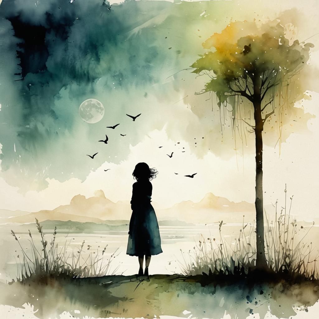 Watercolor Fantasy Sunset: Shadow and Moonlight