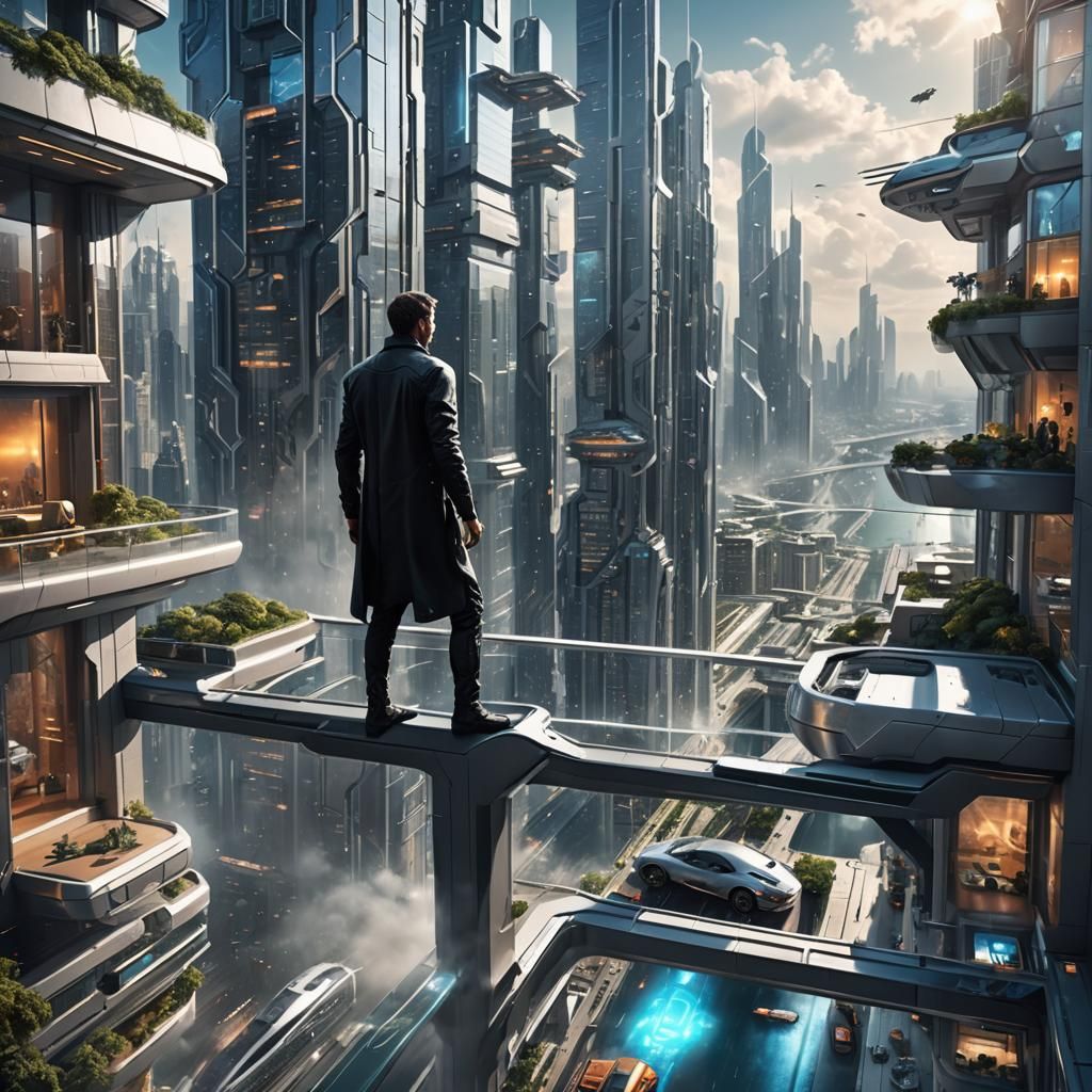 Futuristic Man Gazing at Surreal Cityscape in 8K