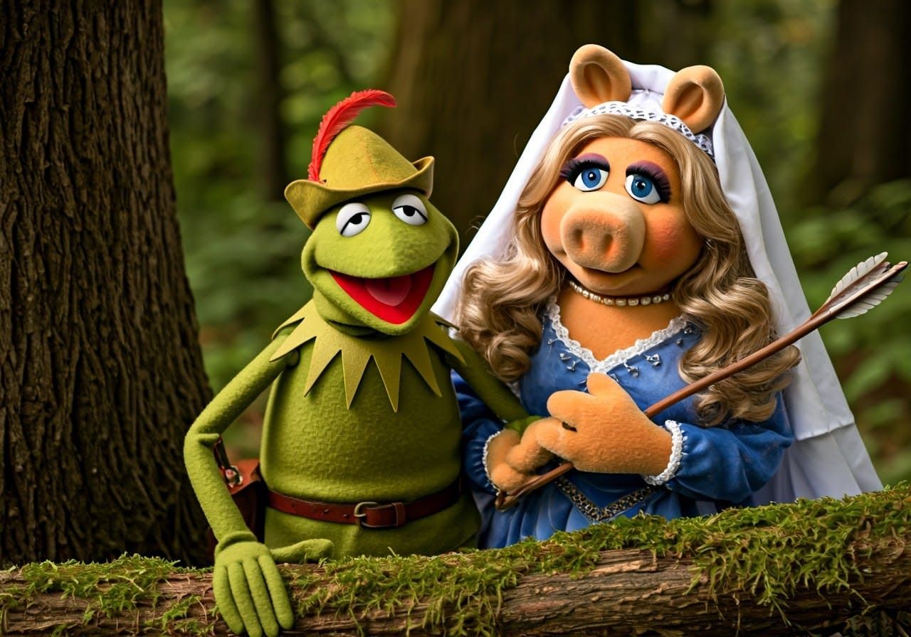 The Muppets, Kermit dressed as Robin Hood with Miss Piggy dressed as Maid Marion and Fozzie Bear dressed as Friar Tuck i...