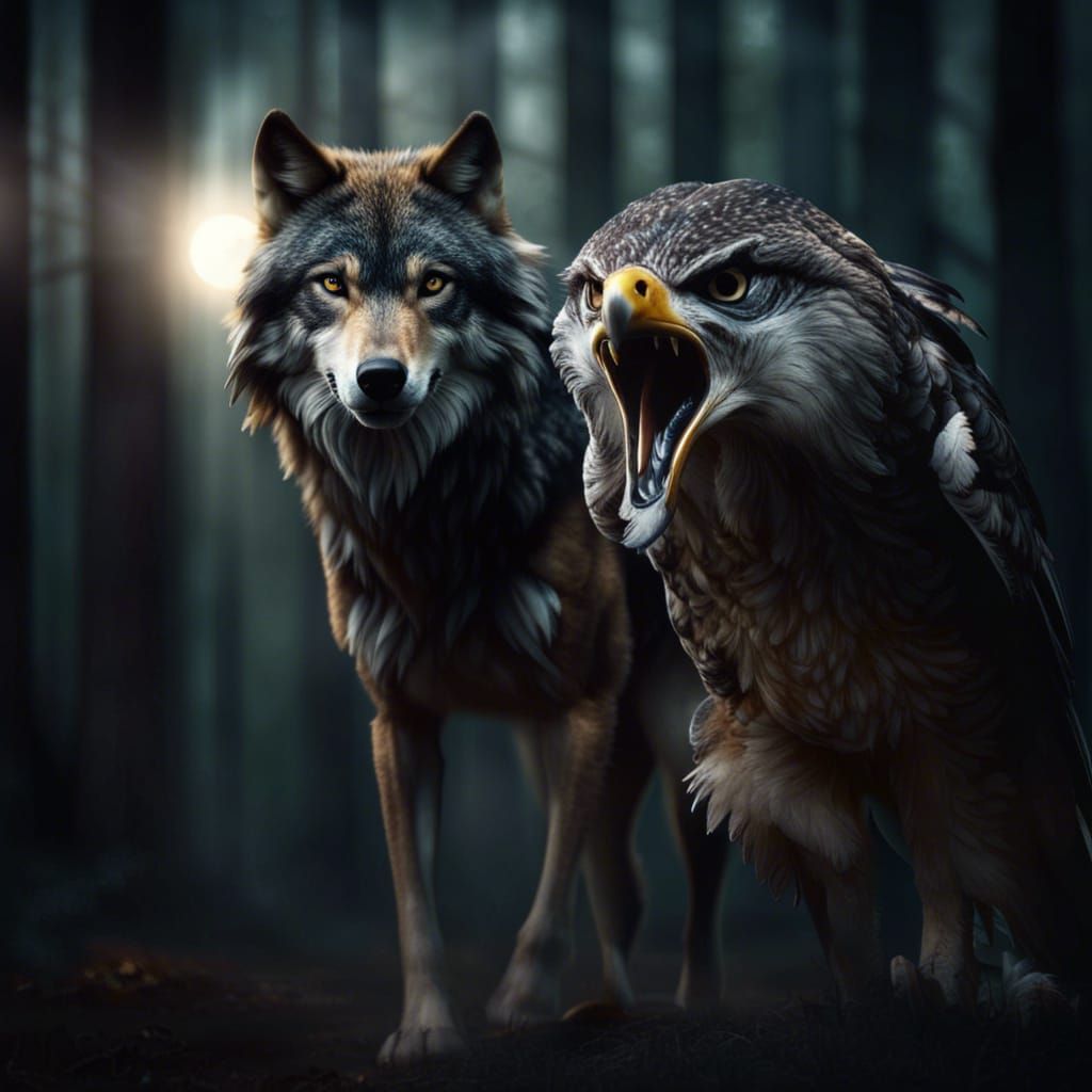 Epic Wolf and Hawk Journey Through Dark Forest