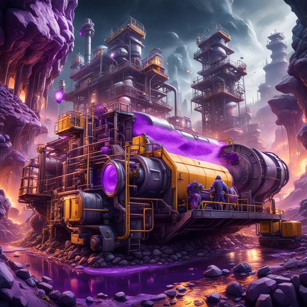 Miners Extracting Purple Liquid: Detailed Matte Painting