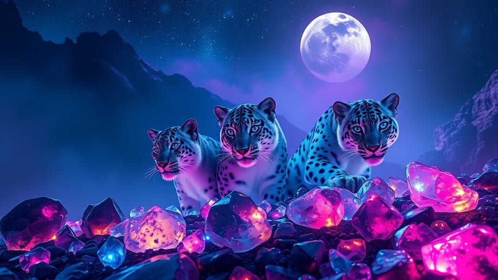 Radiant Snow Leopards in Cosmic Forest