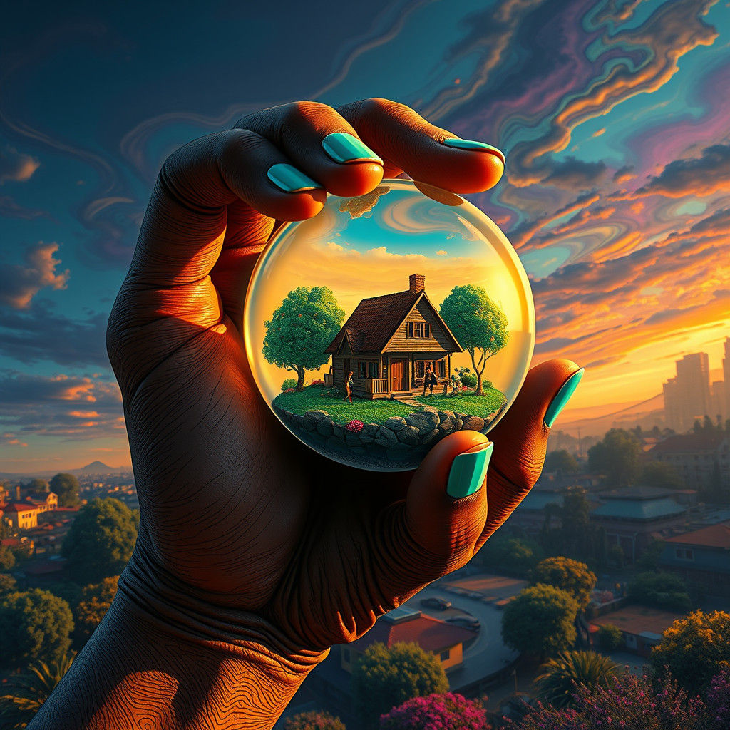 Giant Hand Holding Miniature World, Surreal Art