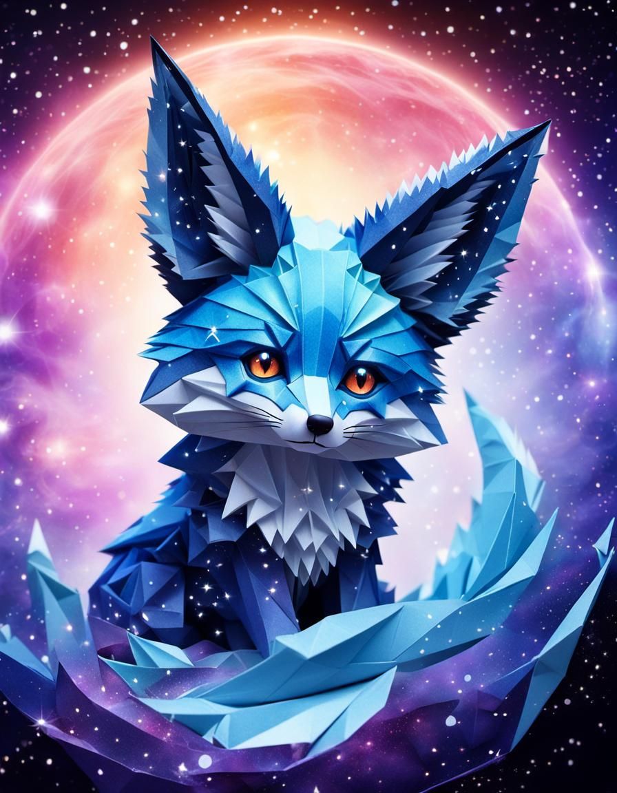 Cosmic Origami Fox: Kawaii Digital Art