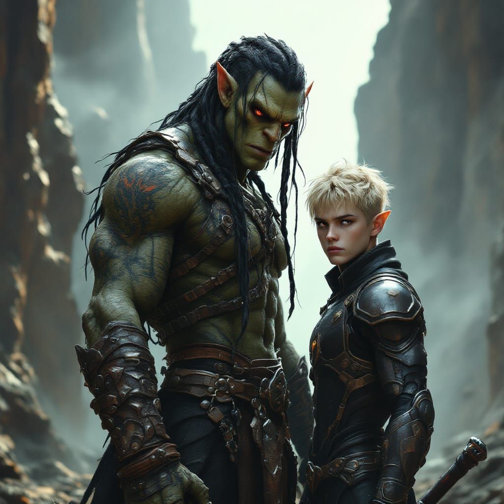 Muscular Orc Warrior with Elf Cyborg in Misty Canyon