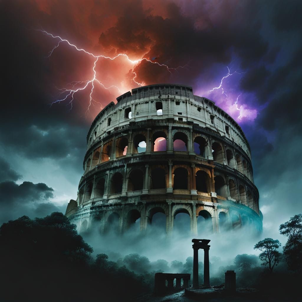 Rainstorm Over Rome Colosseum in Watercolor Style