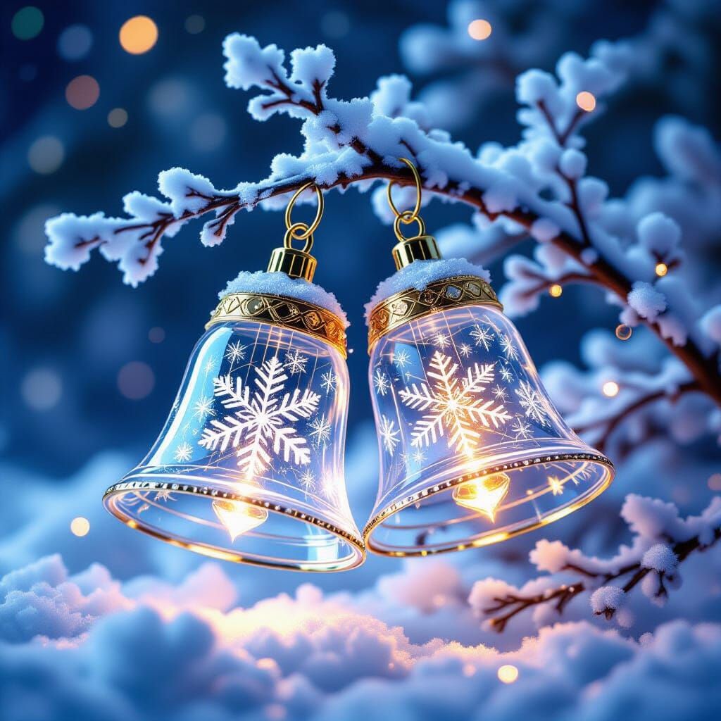 Crystal Glass Bells with Neon Glow and Snowflakes