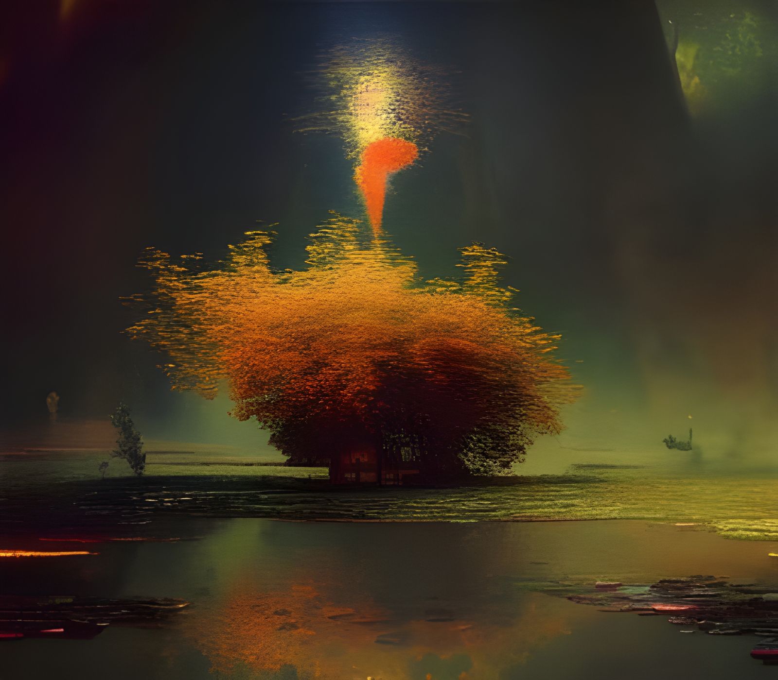 Biopunk Summer Landscape with Erupting Pond
