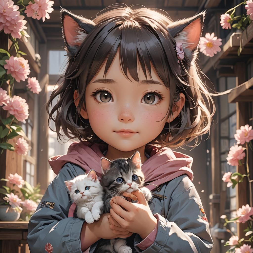 Anime Girl with Kitten: Detailed Digital Art