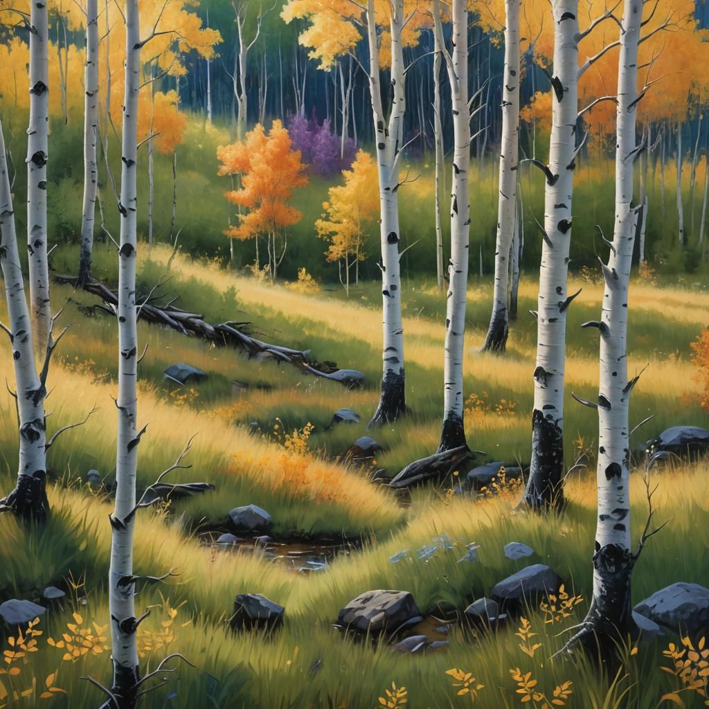 Aspen Forest by Meadow: Oil Painting in Bierstadt Style