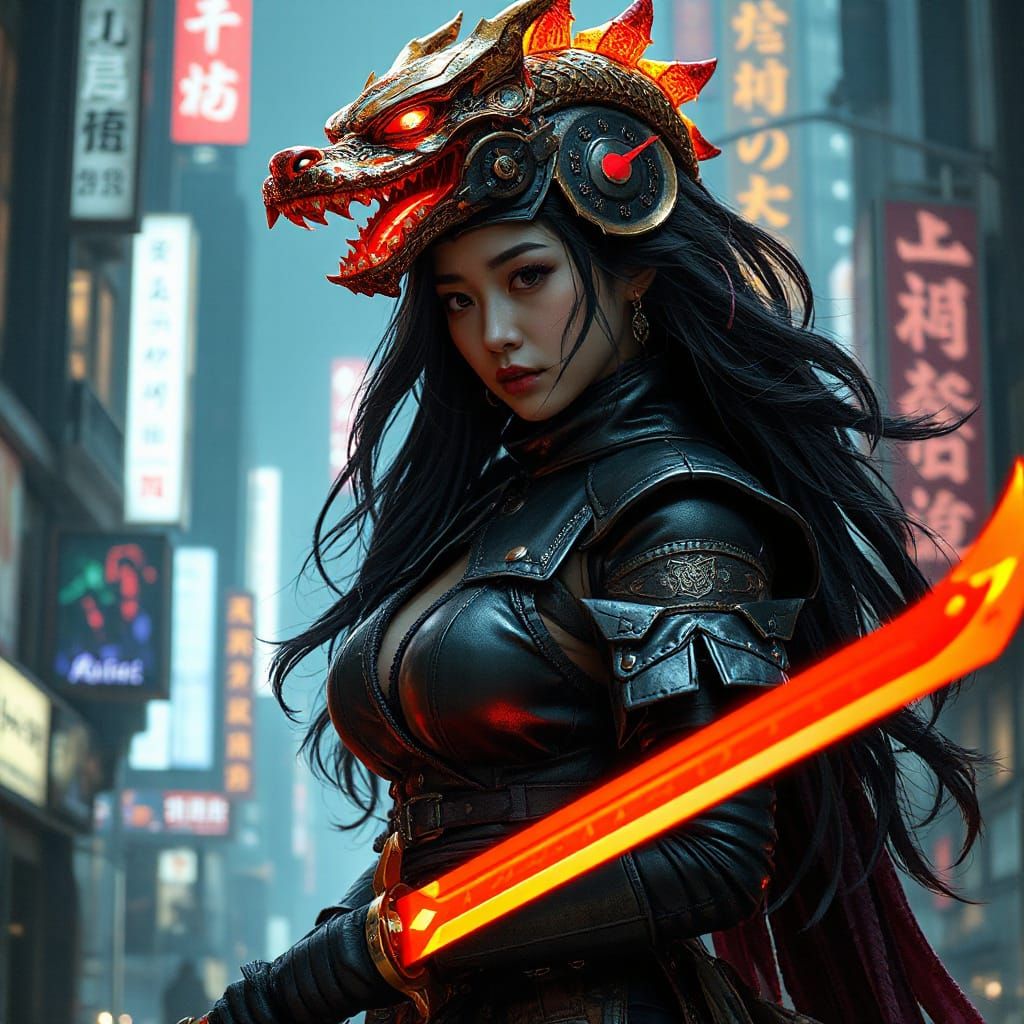 Cyberpunk Asian Warrior with Glowing Sword