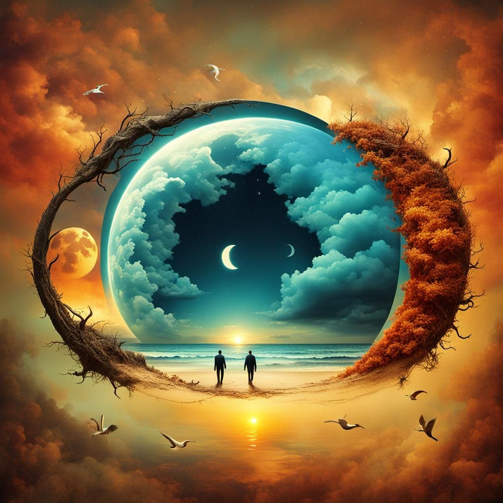 Surreal Yin Yang Sun Moon Beach Sunset