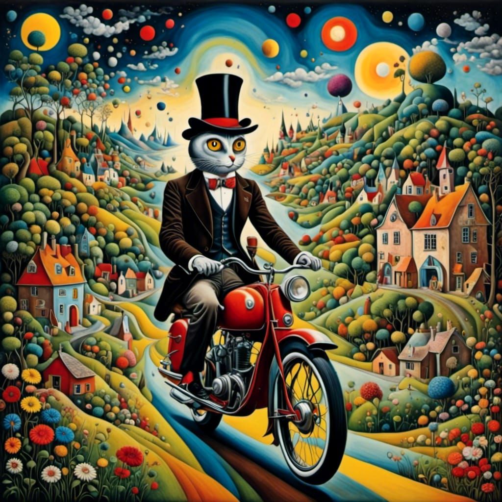 Eccentric Gentleman on Motorcycle in Surreal Village