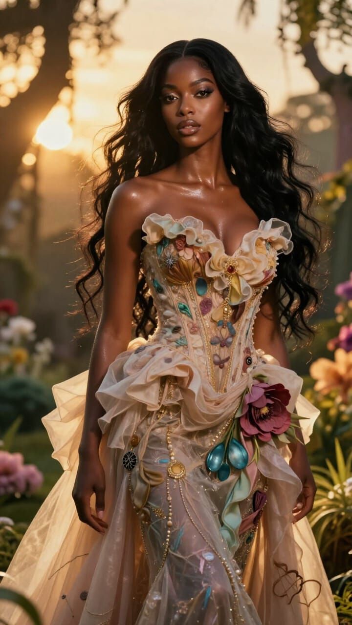 Ethereal Fashion Model in Avant-Garde Floral Gown