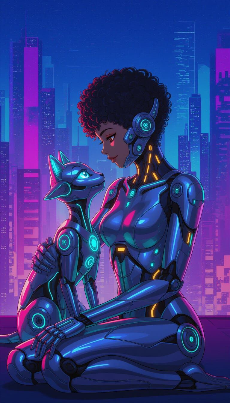 Cyborg Girl and Holographic Pet in Neon City
