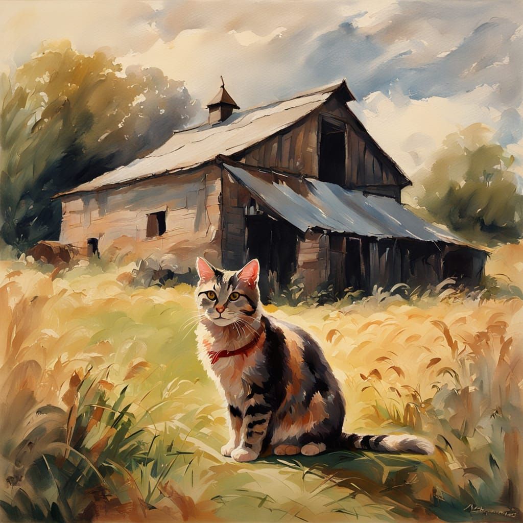 Tabby Cat Beside Barn in Summer Gouache Painting