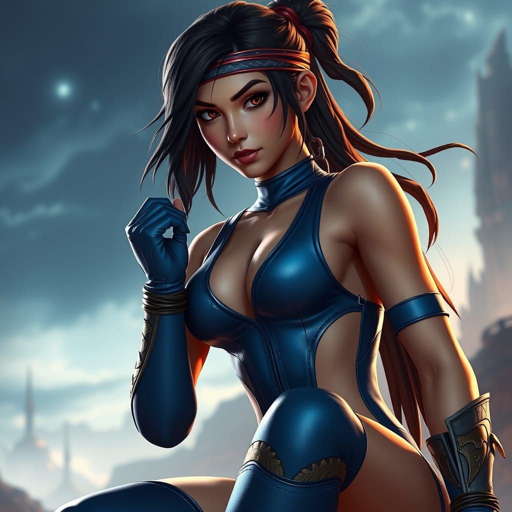 Kitana: Youthful Warrior in Cyberpunk-Inspired Scene