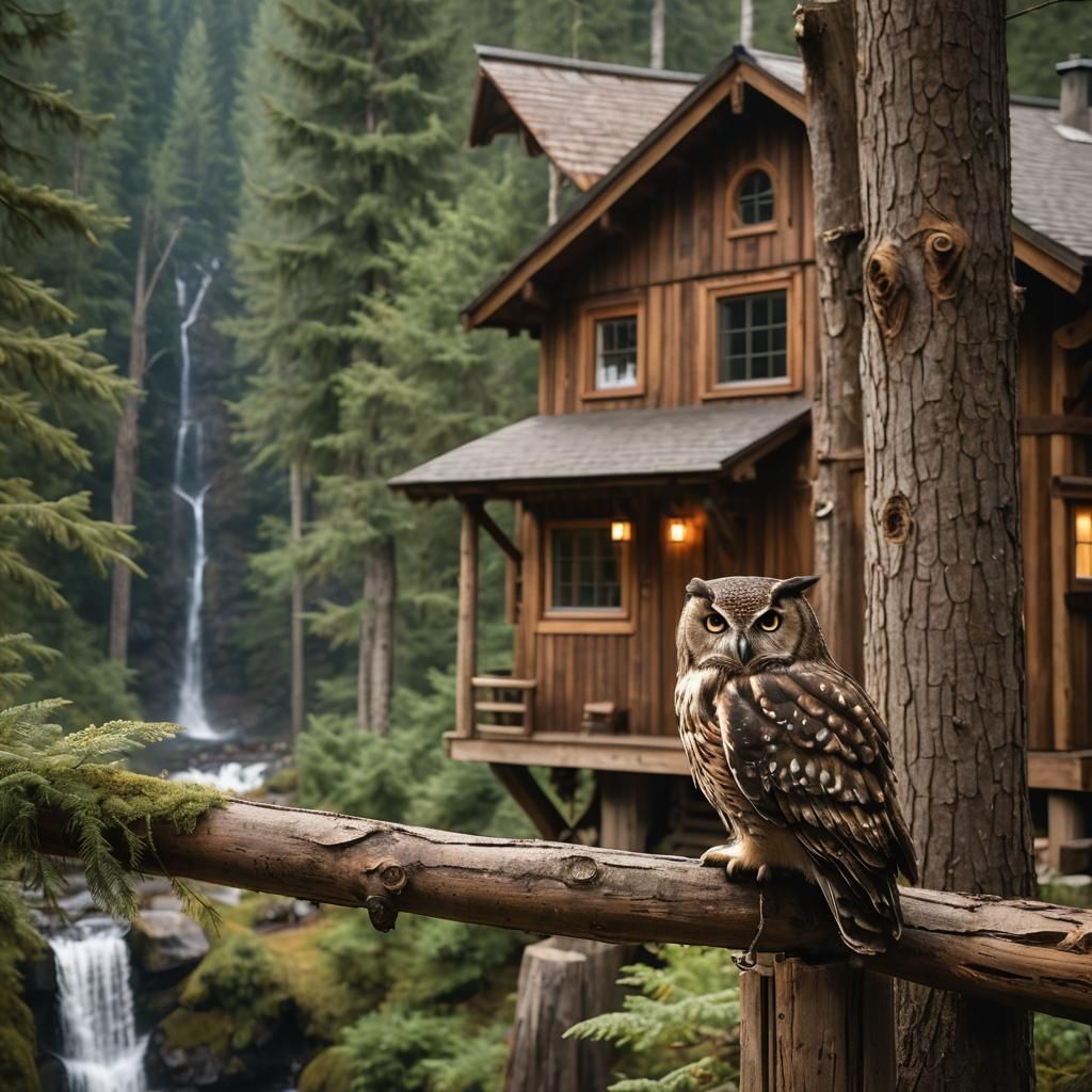 Owl Near Cabin with Waterfall in Soft Lighting