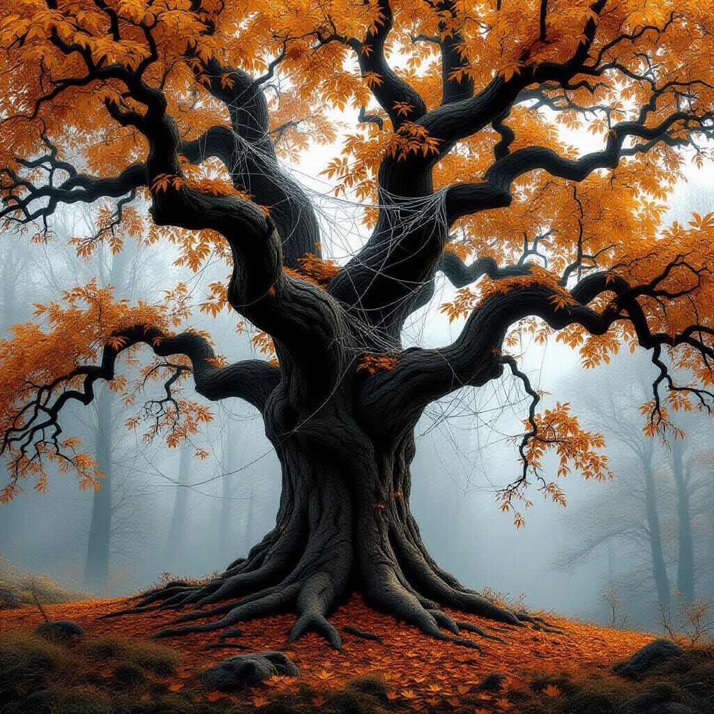 Ancient Oak Tree Woven From Spiderwebs in Misty Forest