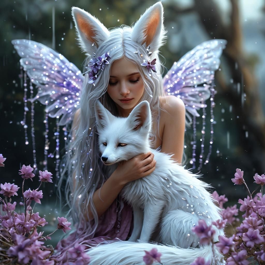 Crying Fairy with Fox in Ethereal Landscape