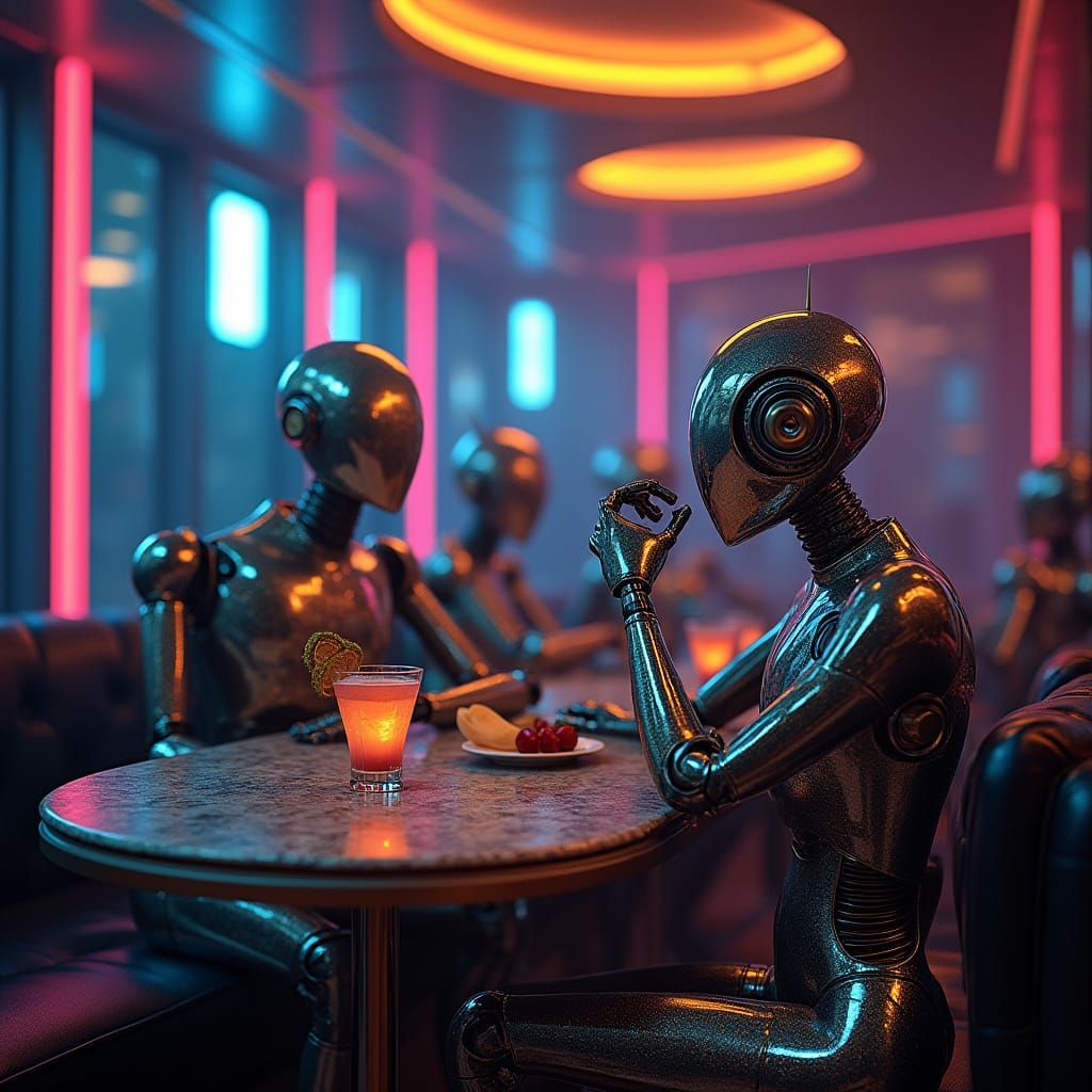 Art Deco Robots in a Futuristic Speakeasy