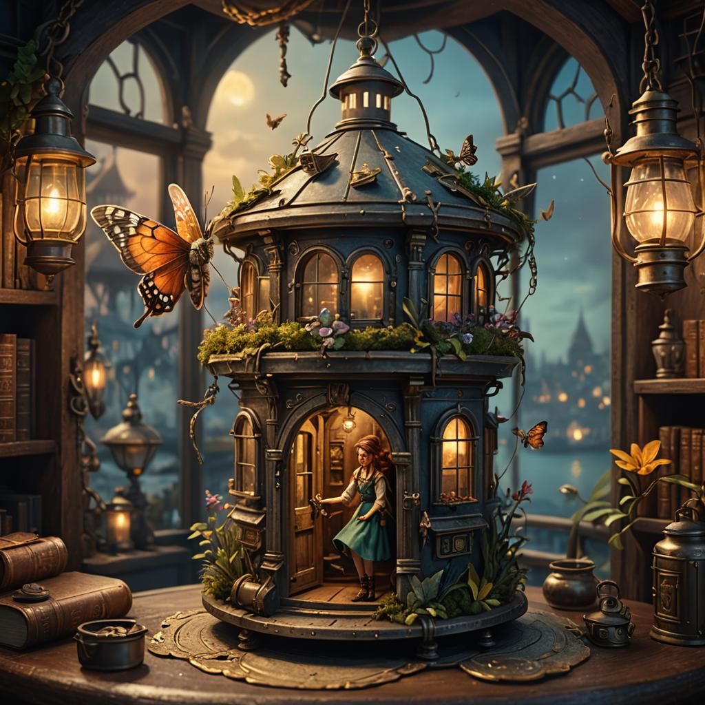 Tiny moth fae girl living in a big antique oil lantern miniature house
