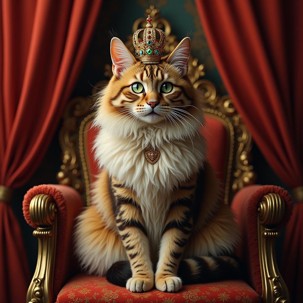 Regal Cat King on Throne, Hyperrealistic Portrait