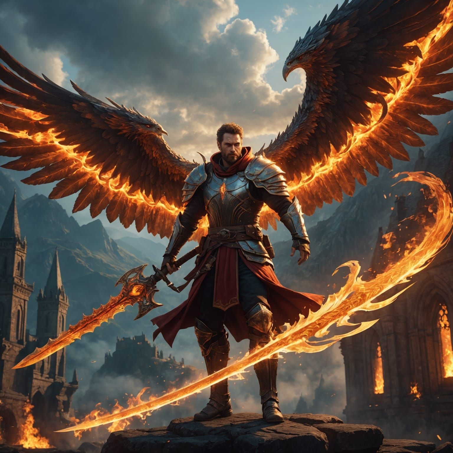 Winged Warrior with Flaming Sword: Fantasy Art