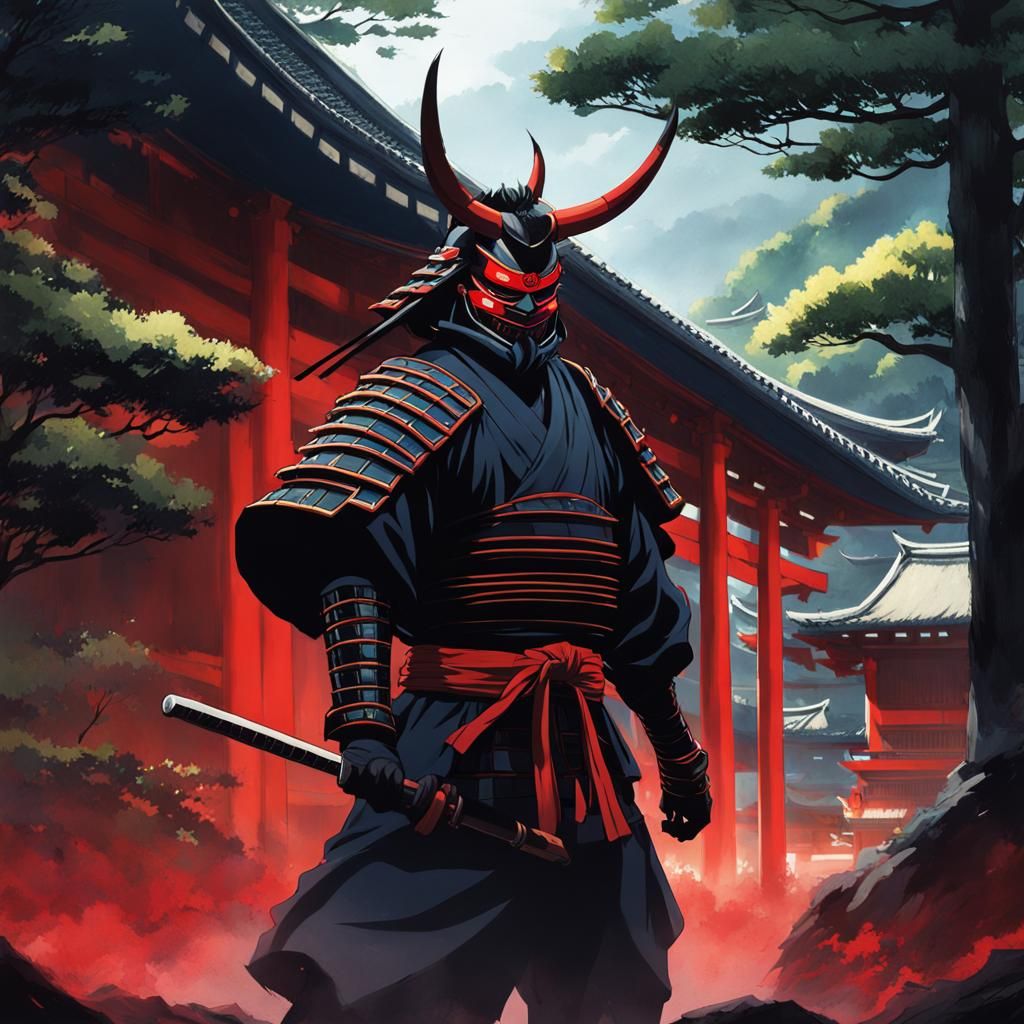 Samurai with Oni Mask in Anime Style