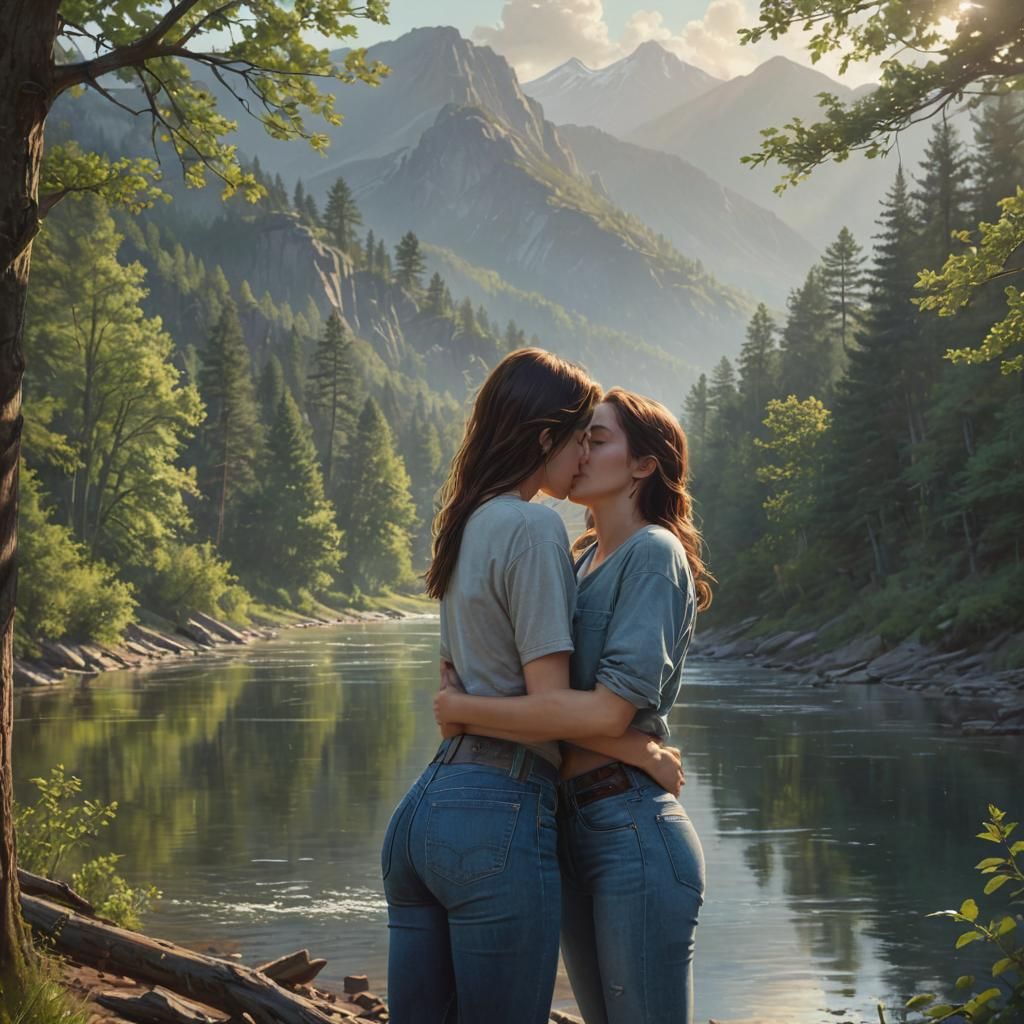 Serene Kiss Amidst a Surreal Landscape