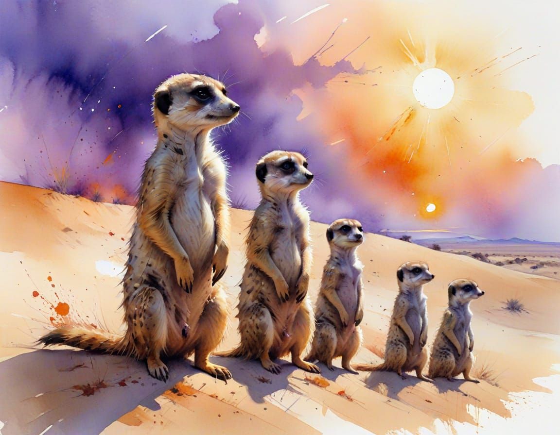 Meerkats at Sunset: Watercolor Desert Panorama
