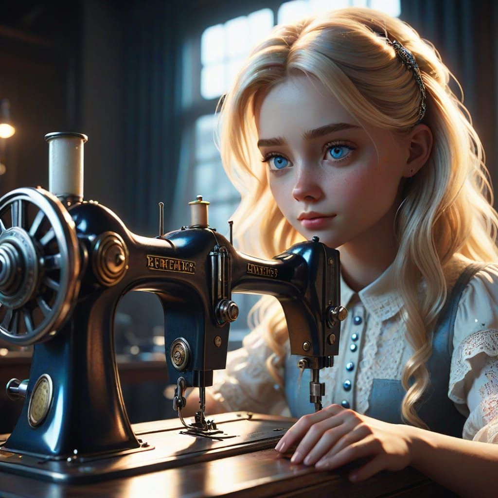Girl Gazes Suspensefully at Antique Sewing Machine