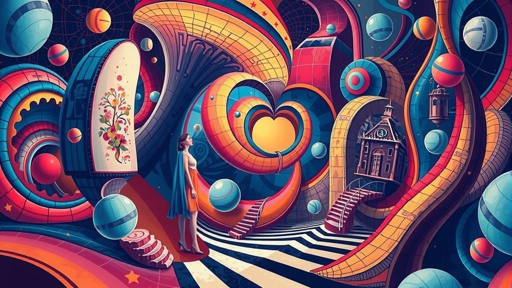 Ethereal Cityscape with Escher-Inspired Optical Illusions