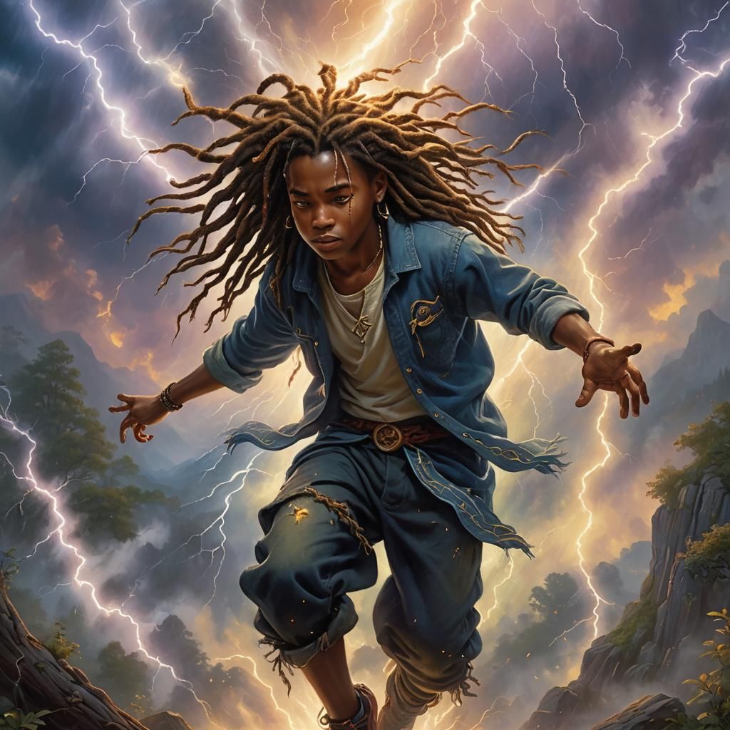 Mystical Boy Empowered by Lightning, Oil Painting Style