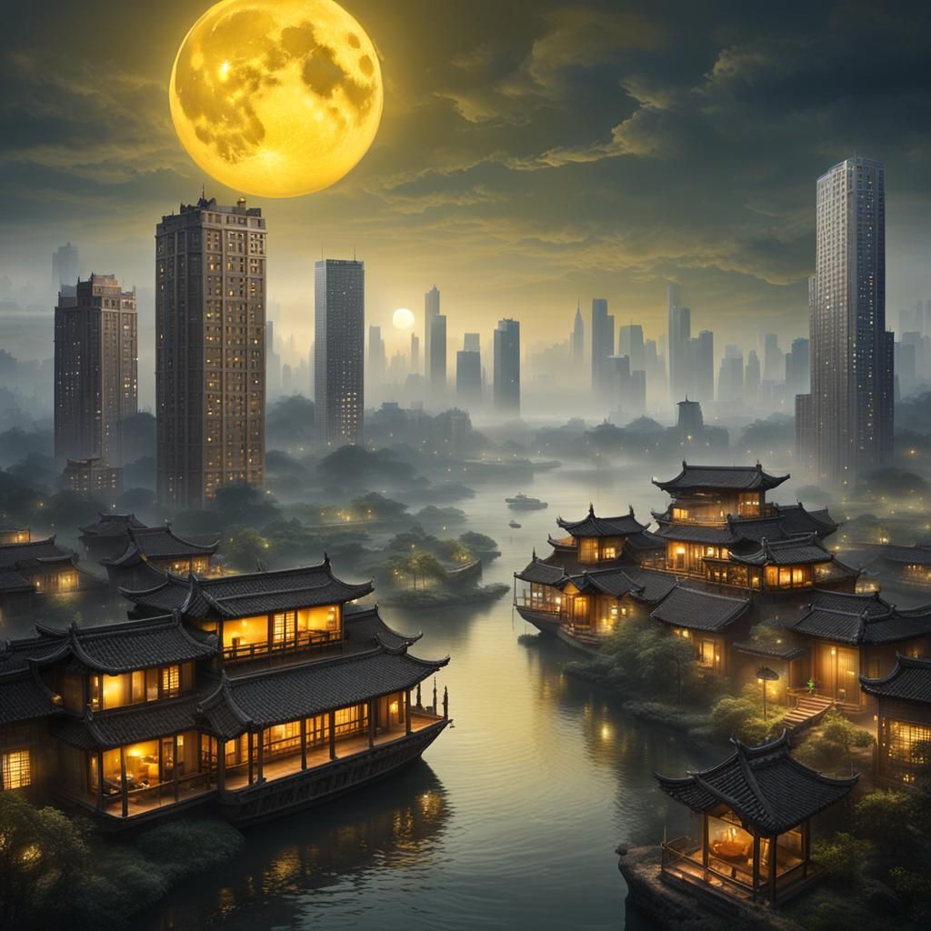 Ancient City and Modern Buildings Under Moon