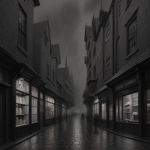 Diagon Alley hyperdetailed charcoal drawing