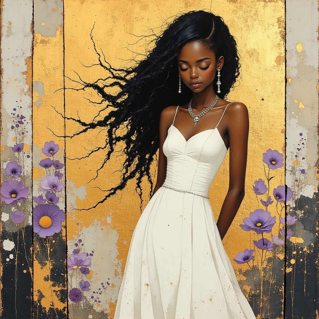 Elegant Black-Asian Woman in White Dress with Silver Jewelry