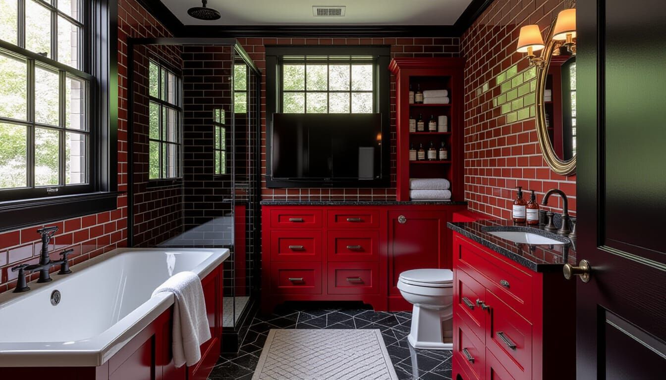 Victorian Bathroom with Dark Red & Brick Tones
