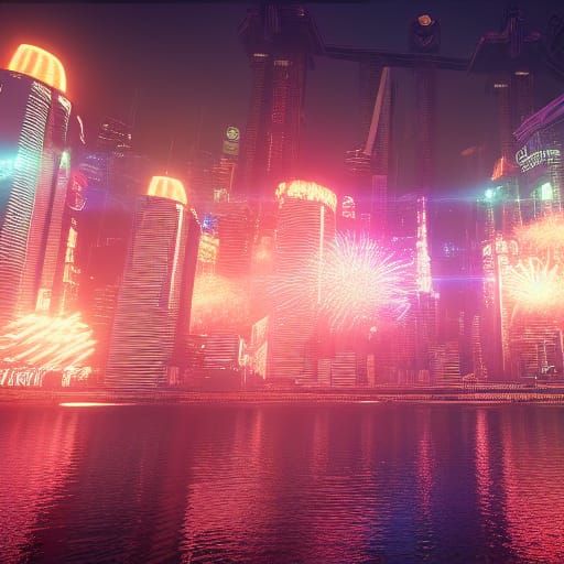 Cyberpunk City Fireworks Display over Riverfront